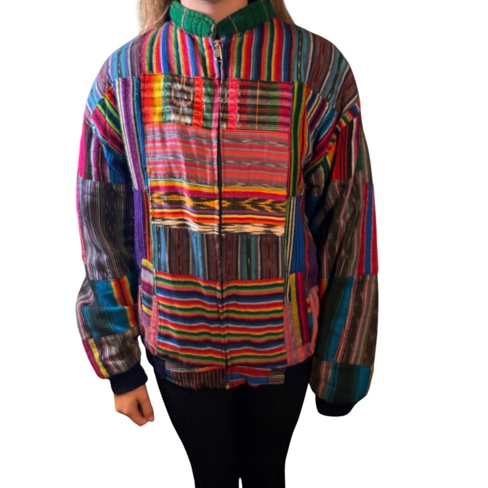 Handmade Sarape Inspired Patchwork Jacket Women Large Multicolor Boho Striped